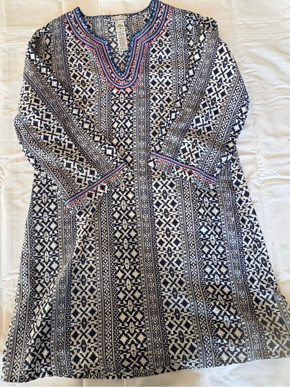 Tommy Bahama Navy and White Printed Long Sleeve Tunic Dress with Pink Trim